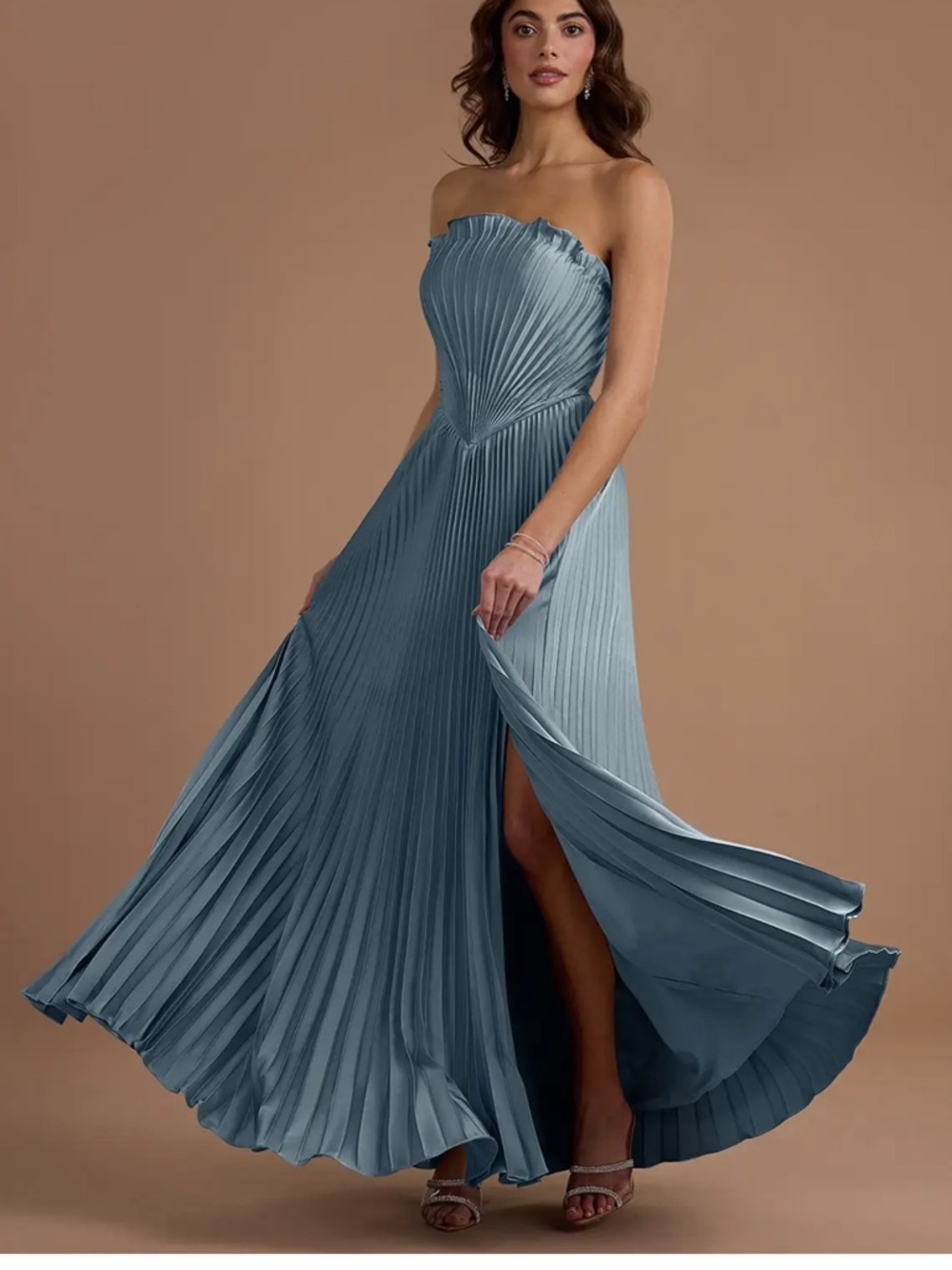 Azazie Slate Blue Strapless Pleated Maxi Dress